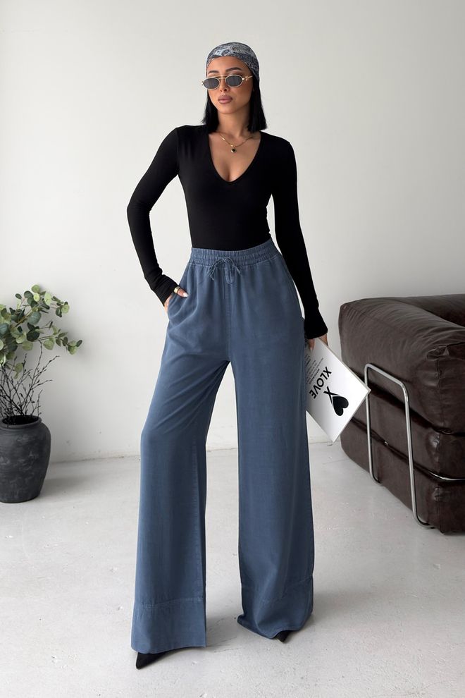 XLove Blue Palazzo Pants With Wide Leg And Drawstring Waist Wholesale Clothing Casual
