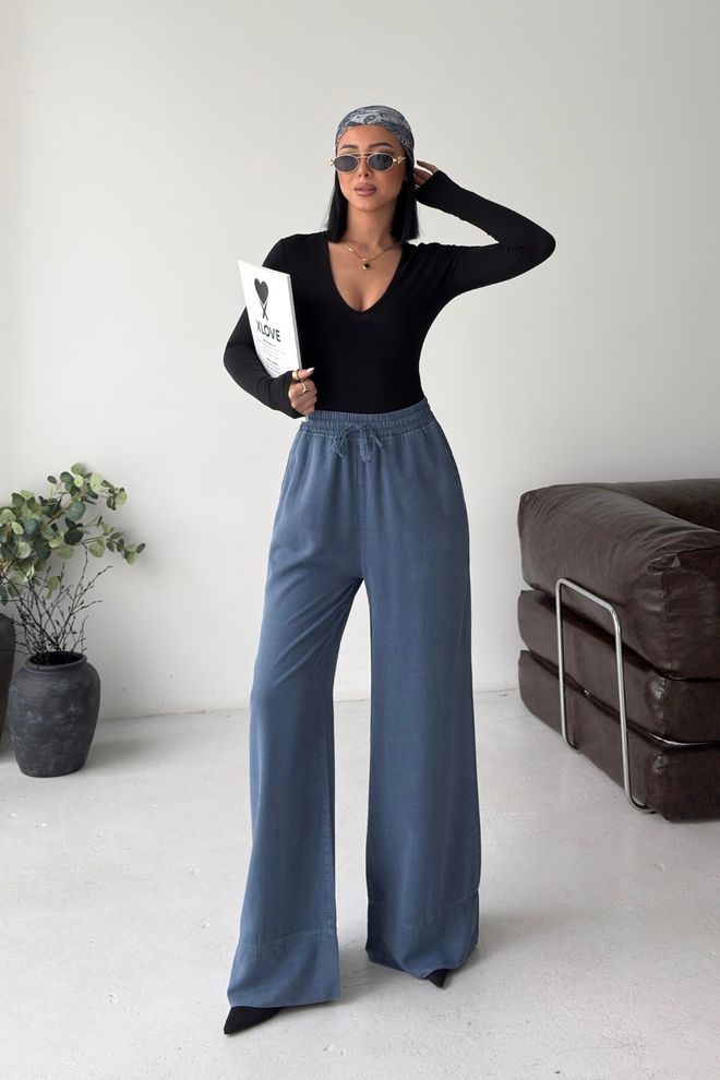 XLove Blue Palazzo Pants With Wide Leg And Drawstring Waist Wholesale Clothing Spring