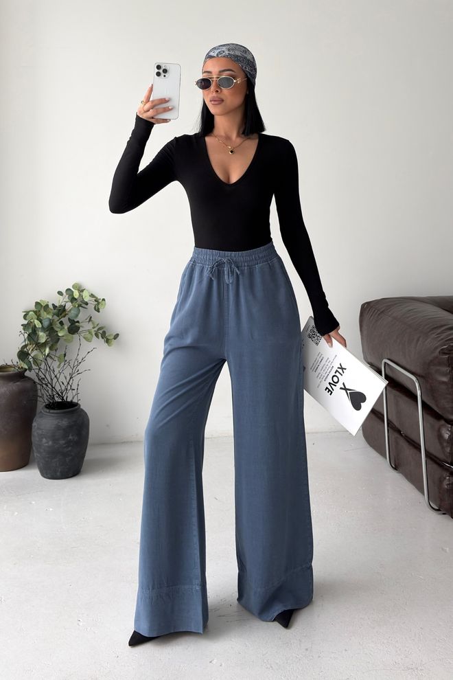 XLove Blue Palazzo Pants With Wide Leg And Drawstring Waist Wholesale Clothing Casual