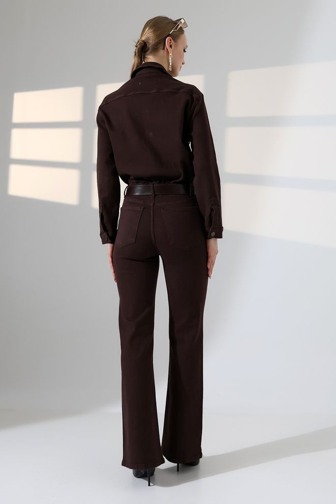 XLove Brown Slim Fit Shirt Jumpsuit With Notched Neck Wholesale Clothing 1