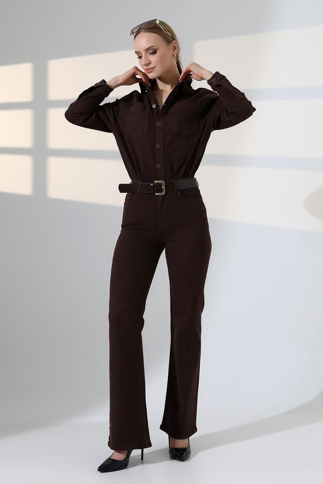 XLove Brown Slim Fit Shirt Jumpsuit With Notched Neck Wholesale Clothing Formal