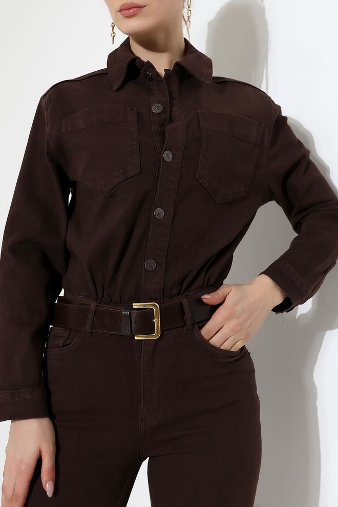 XLove Brown Slim Fit Shirt Jumpsuit With Notched Neck Wholesale Clothing Spring