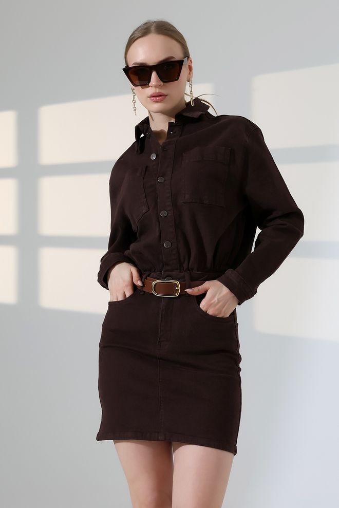 XLove Brown Polo Neck Mini Shirt Dress Wholesale Clothing Spring