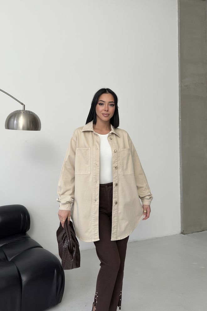 XLove Beige Oversized Fit Shawl Collar Shirt Wholesale Clothing Spring