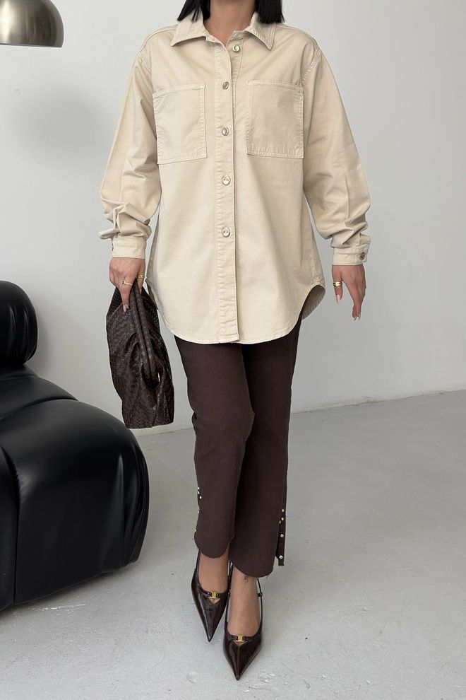 XLove Beige Oversized Fit Shawl Collar Shirt Wholesale Clothing 5