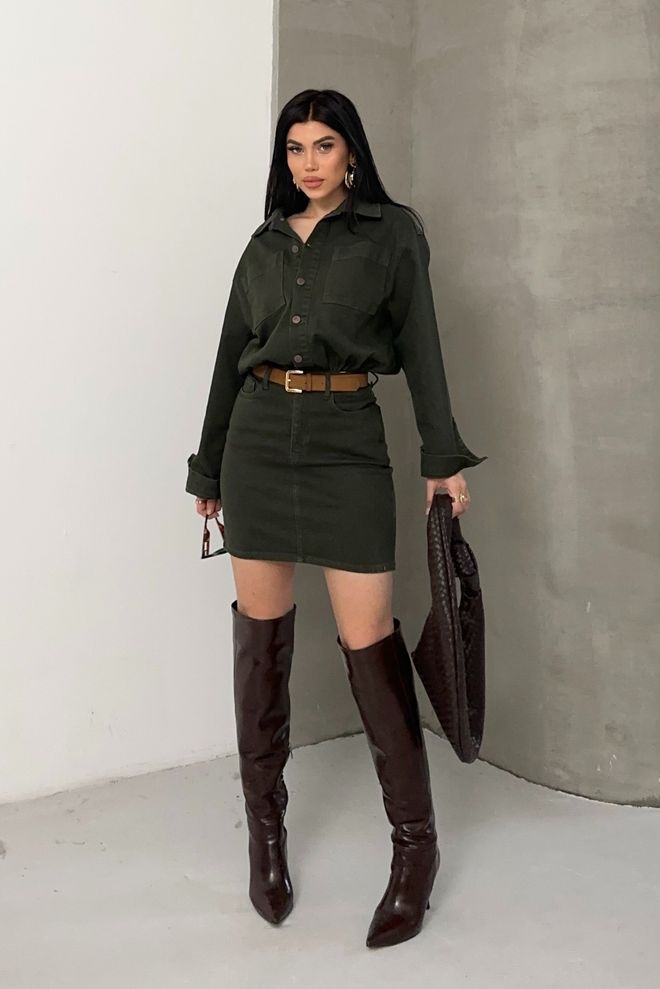 XLove Green Mini Shirt Dress With Notched Neck Wholesale Clothing Casual