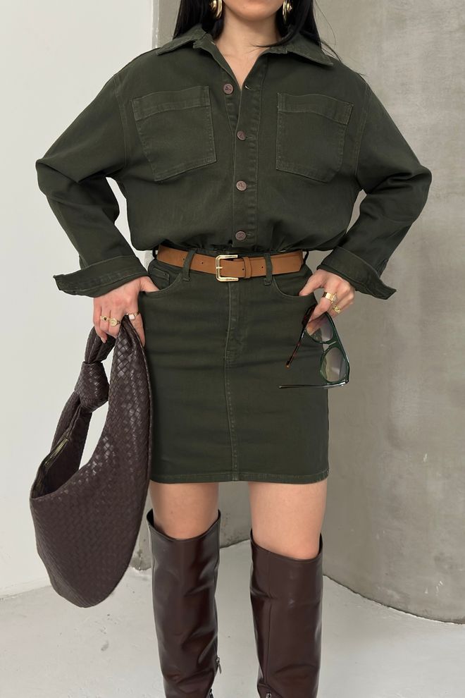 XLove Green Mini Shirt Dress With Notched Neck Wholesale Clothing Spring