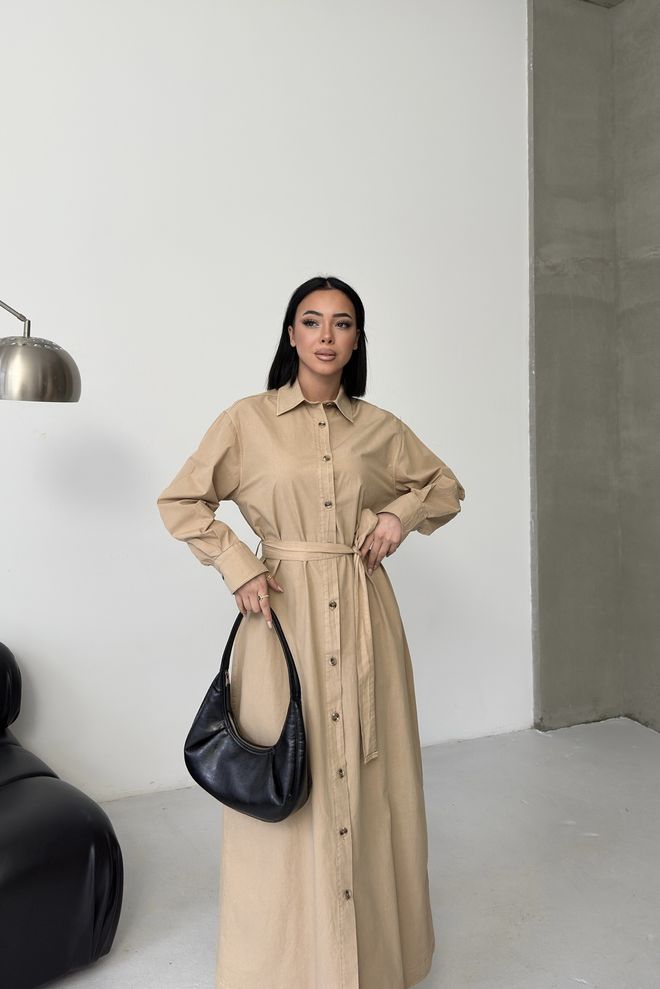 XLove Beige Modest Shirt Dress With Notched Neck Wholesale Clothing 1