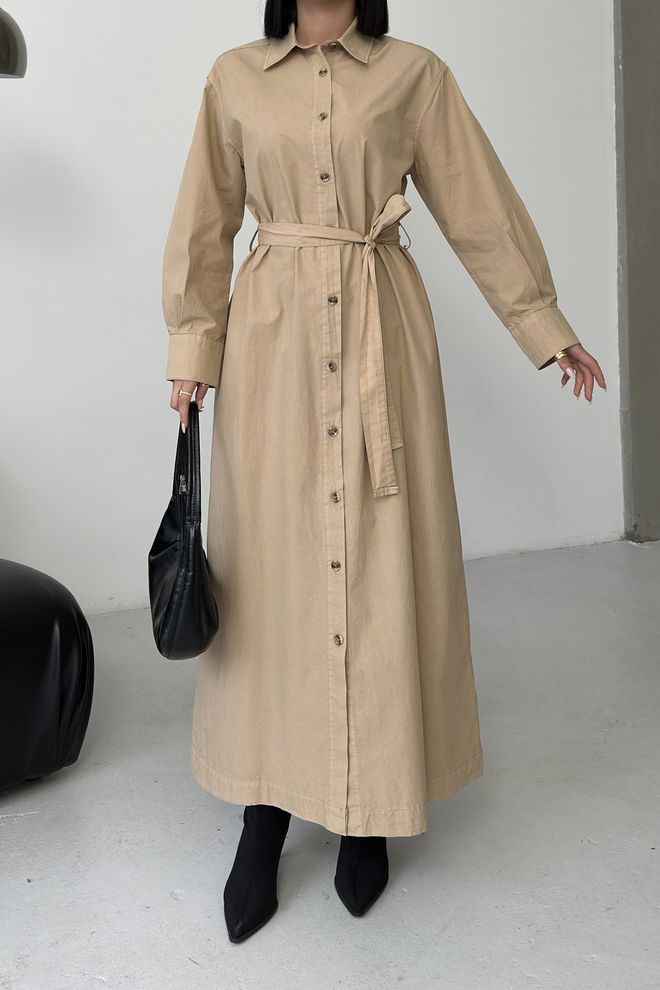 XLove Beige Modest Shirt Dress With Notched Neck Wholesale Clothing Fall