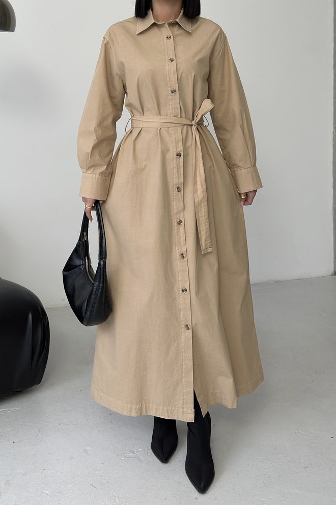 XLove Beige Modest Shirt Dress With Notched Neck Wholesale Clothing Casual