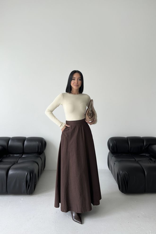 XLove Brown Flared Maxi Skirt High Waist Pull On Wholesale Clothing 5