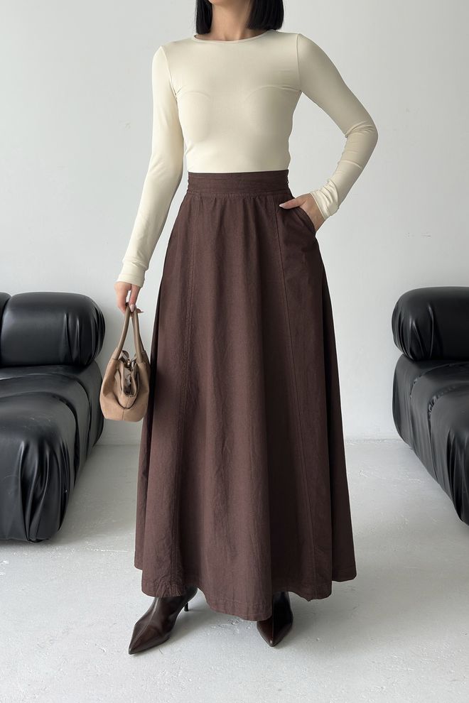 XLove Brown Flared Maxi Skirt High Waist Pull On Wholesale Clothing Work