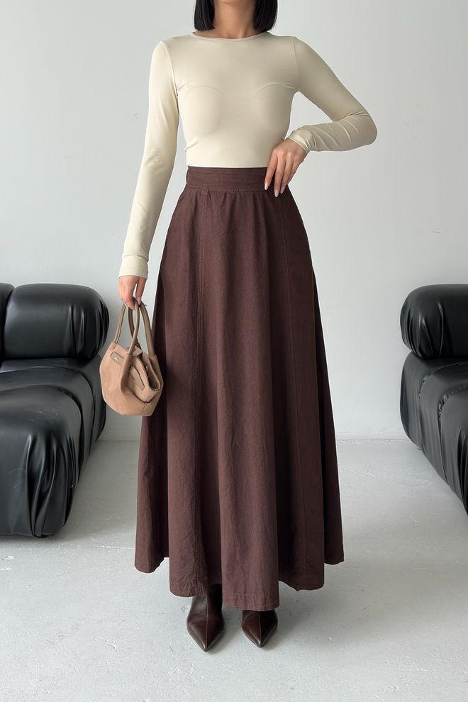 XLove Brown Flared Maxi Skirt High Waist Pull On Wholesale Clothing Spring
