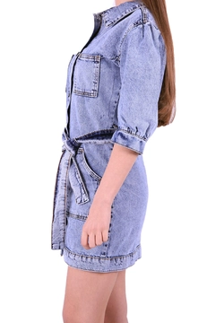 A wholesale clothing model wears 37371 - Denim Dress - Light Blue, Turkish wholesale Dress of XLove
