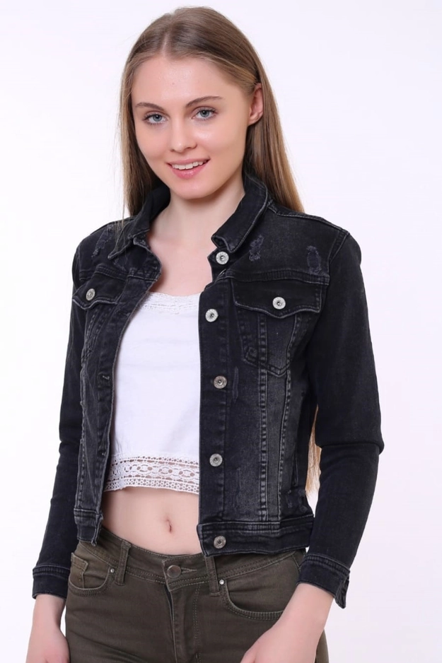 A model wears 37399 - Denim Jacket - Anthracite, wholesale Denim Jacket of XLove to display at Lonca
