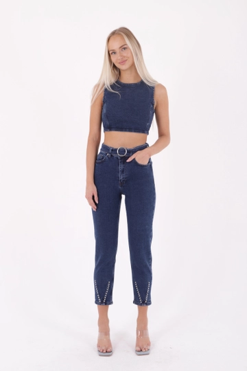 A wholesale clothing model wears  Dropped And Extra Detailed Mom Fit Jean - Dark Blue
, Turkish wholesale Jeans of XLove