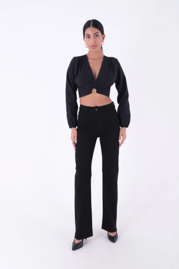 A wholesale clothing model wears  Wide Leg Relax Jeans With Bottom Tassels - Black
, Turkish wholesale Jeans of XLove
