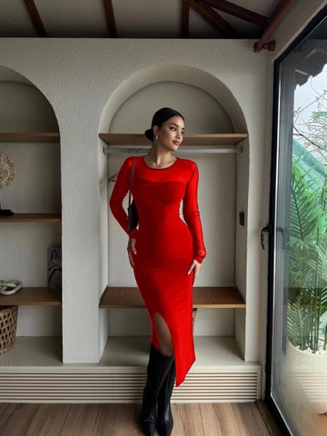 A wholesale clothing model wears  Turtleneck Tulle Long Dress
, Turkish wholesale Dress of Xclub