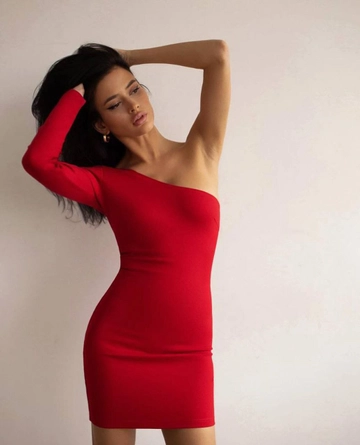 A wholesale clothing model wears  One Sleeve Mini Dress
, Turkish wholesale Dress of Xclub