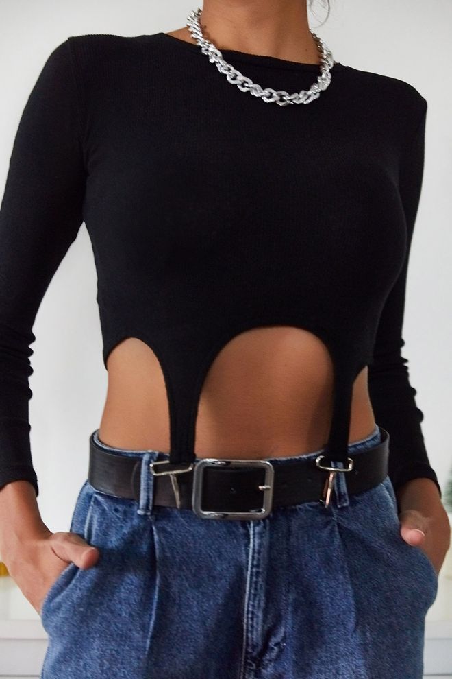 Ilia Blusa Negra Con Detalle De Ganchos Ropa al por mayor Casual