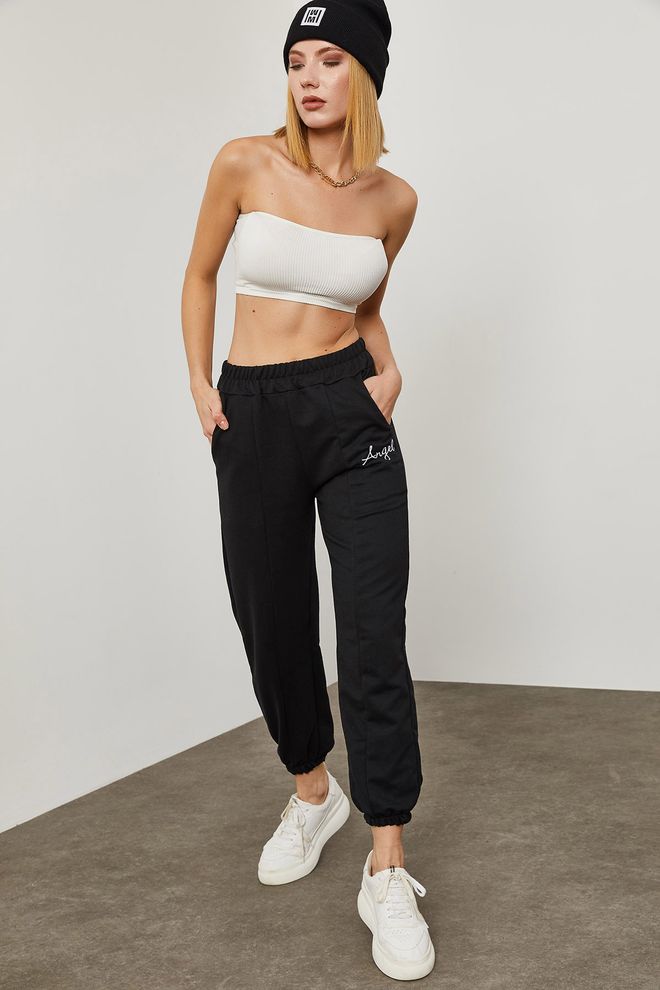 Ilia Black Angel Embroidered Sweatpants Wholesale Clothing Winter