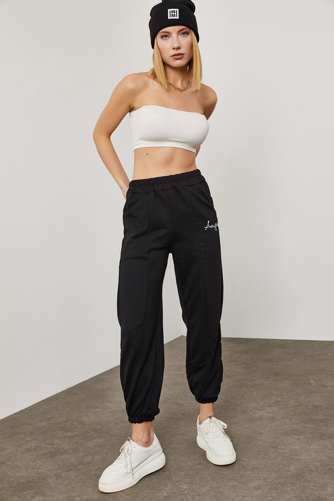 Ilia Black Angel Embroidered Sweatpants Wholesale Clothing Cotton