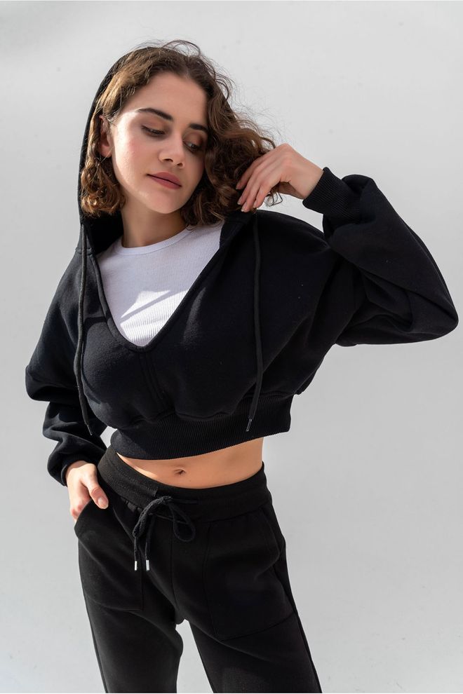 la & vetta Kapuzen Sweatshirt Mit V Ausschnitt Und Dickem Innenfleece Strickpullover Großhandelskleidung Lässig