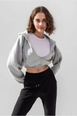 A wholesale clothing model wears lav10035-hooded-crop-thick-inside-fleece-knitted-sweatshirt, Turkish wholesale  of 