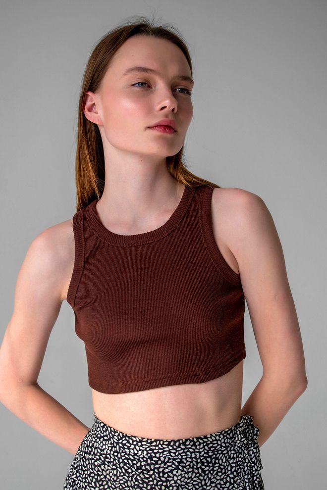 la & vetta Camiseta Interior De Punto Con Cuello Halter Supercorta De Canalé Ropa al por mayor Casual