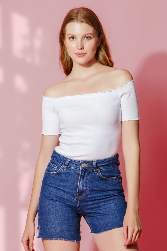 la & vetta Gestrickte Crop Bluse Mit Carmenkragen Großhandelskleidung Lässig