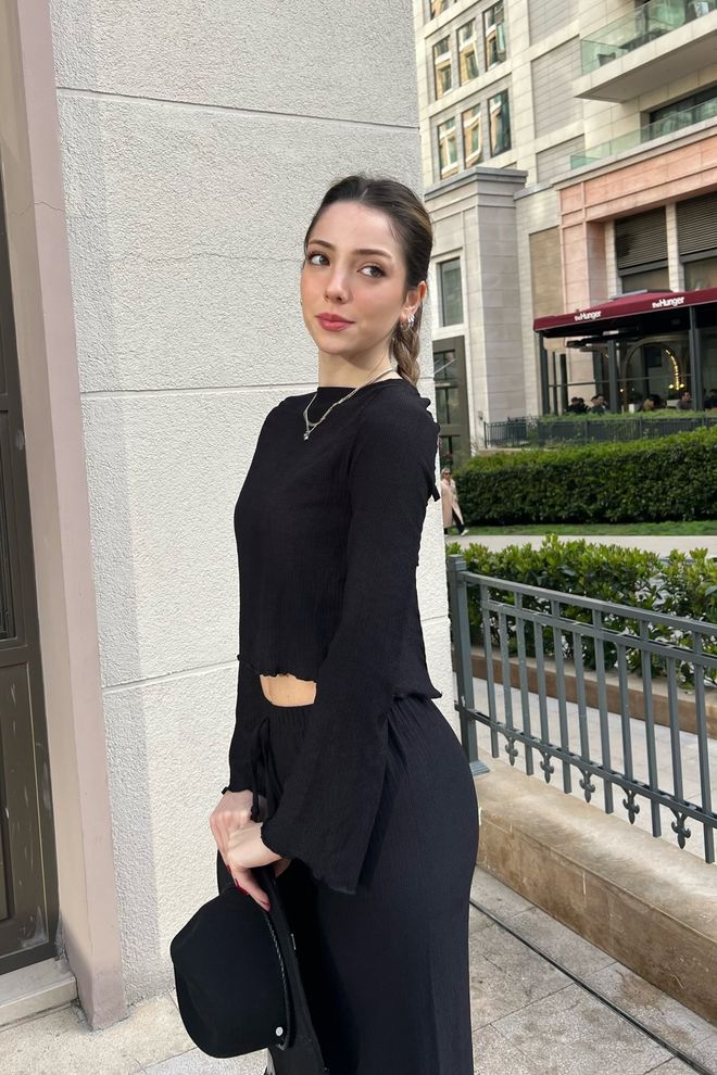 la & vetta Conjunto detalhado em tecido B��r��mc��k com pregas nas costas Roupas por atacado Primavera