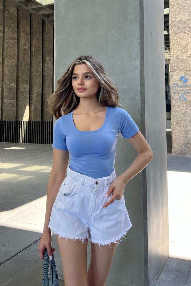 la & vetta Tricou Cu Mânecă Scurtă Cu Guler Larg Albastru Îmbrăcăminte cu ridicata Întâlnire