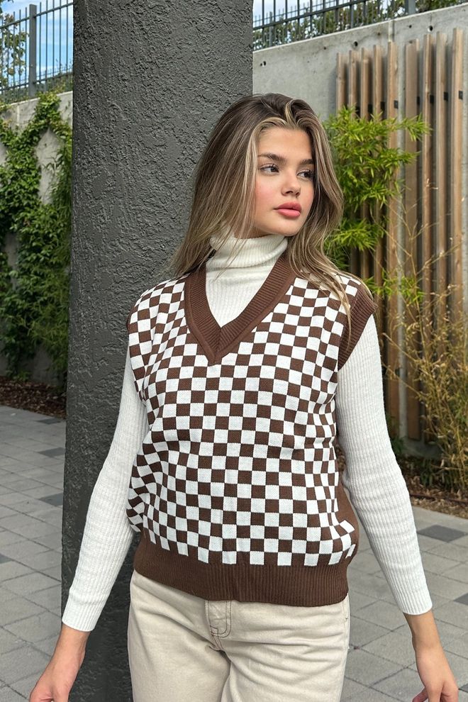 la & vetta Quadratisch Gemusterter Pullover Mit V Ausschnitt – Braun Großhandelskleidung Lässig