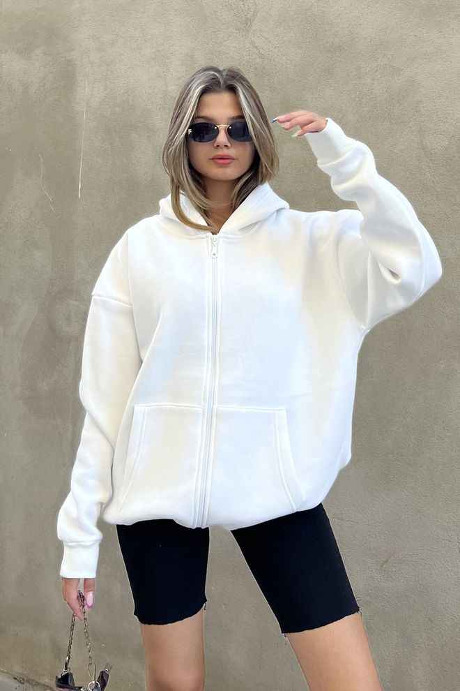 la & vetta Oversize Sweatshirt Mit Rüschen Und Reißverschluss – Weiß Großhandelskleidung Lässig