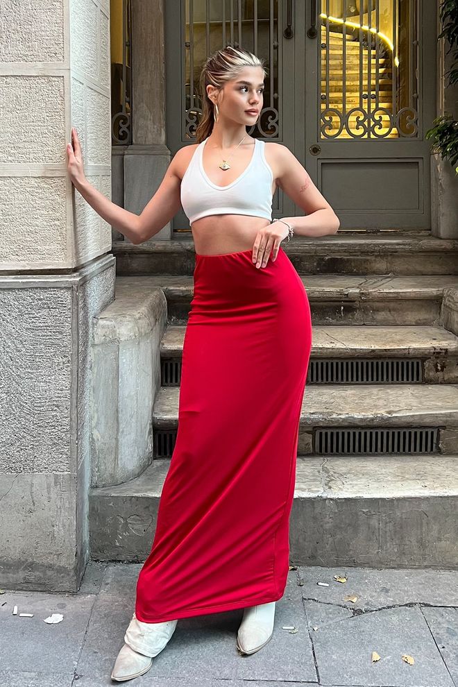la & vetta Jupe Maxi Basic Rouge Vêtements en gros Décontracté
