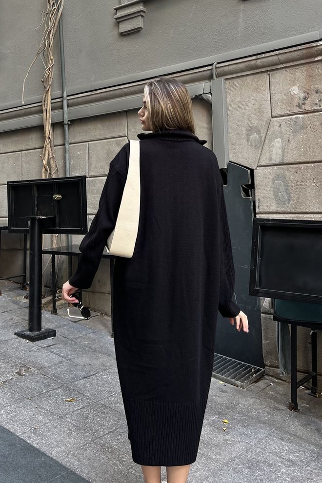 la & vetta Vestido Casual De Punto Con Cuello Alto Y Cremallera Negro Ropa al por mayor Otoño