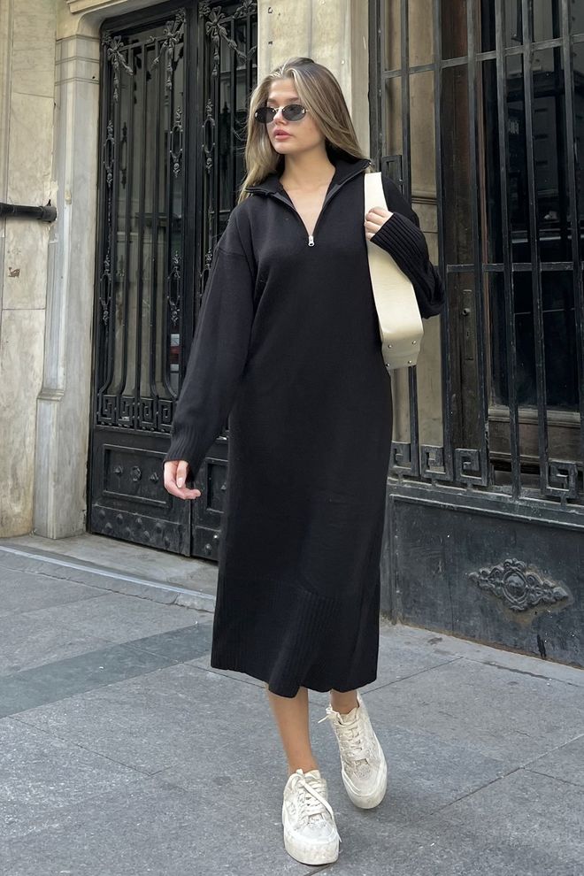 la & vetta Vestido Casual De Punto Con Cuello Alto Y Cremallera Negro Ropa al por mayor Casual