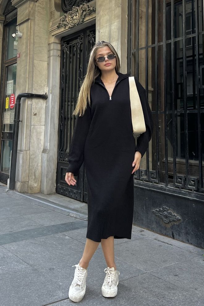 la & vetta Vestido Casual De Punto Con Cuello Alto Y Cremallera Negro Ropa al por mayor 5