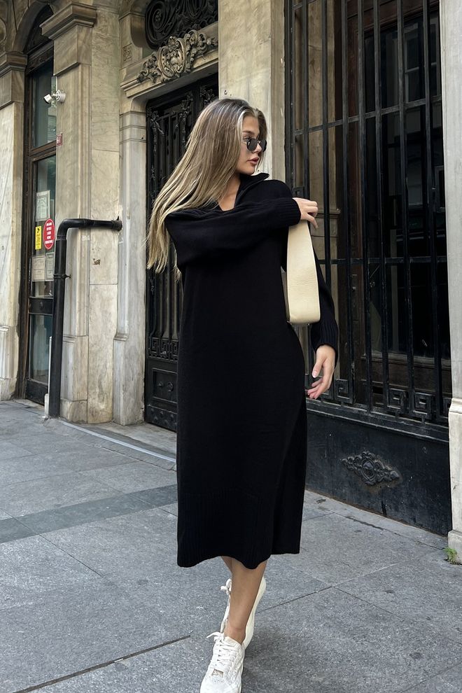 la & vetta Vestido Casual De Punto Con Cuello Alto Y Cremallera Negro Ropa al por mayor Cumpleaños