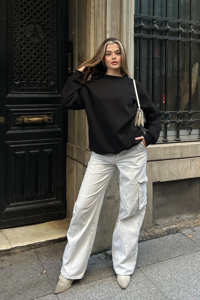 la & vetta Basic Sweatshirt Mit Rundhalsausschnitt – Schwarz Großhandelskleidung 5