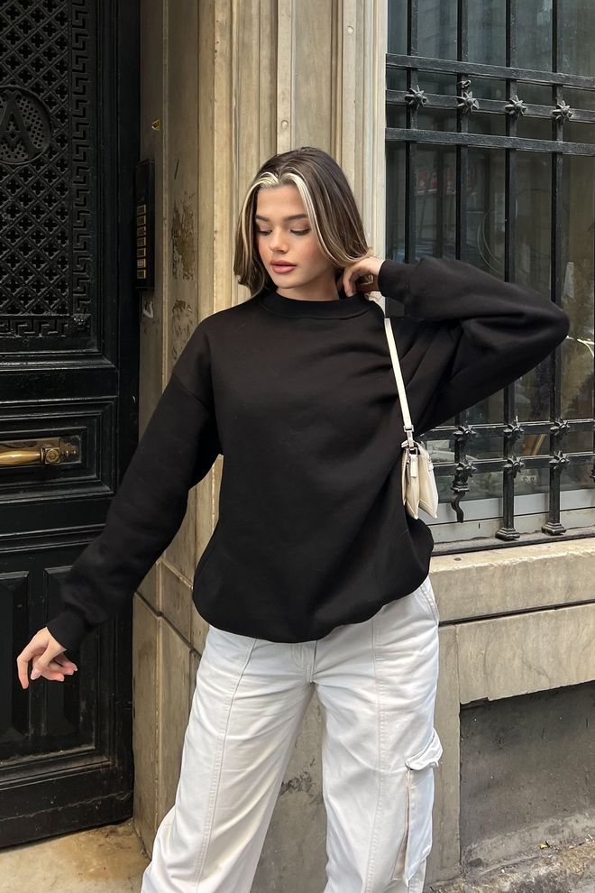 la & vetta Basic Sweatshirt Mit Rundhalsausschnitt – Schwarz Großhandelskleidung Fitnessstudio