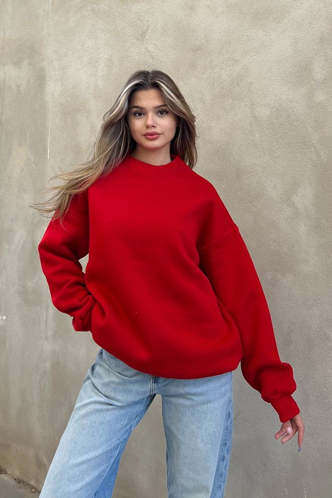 la & vetta Basic Sweatshirt Mit Rundhalsausschnitt – Rot Großhandelskleidung Lässig