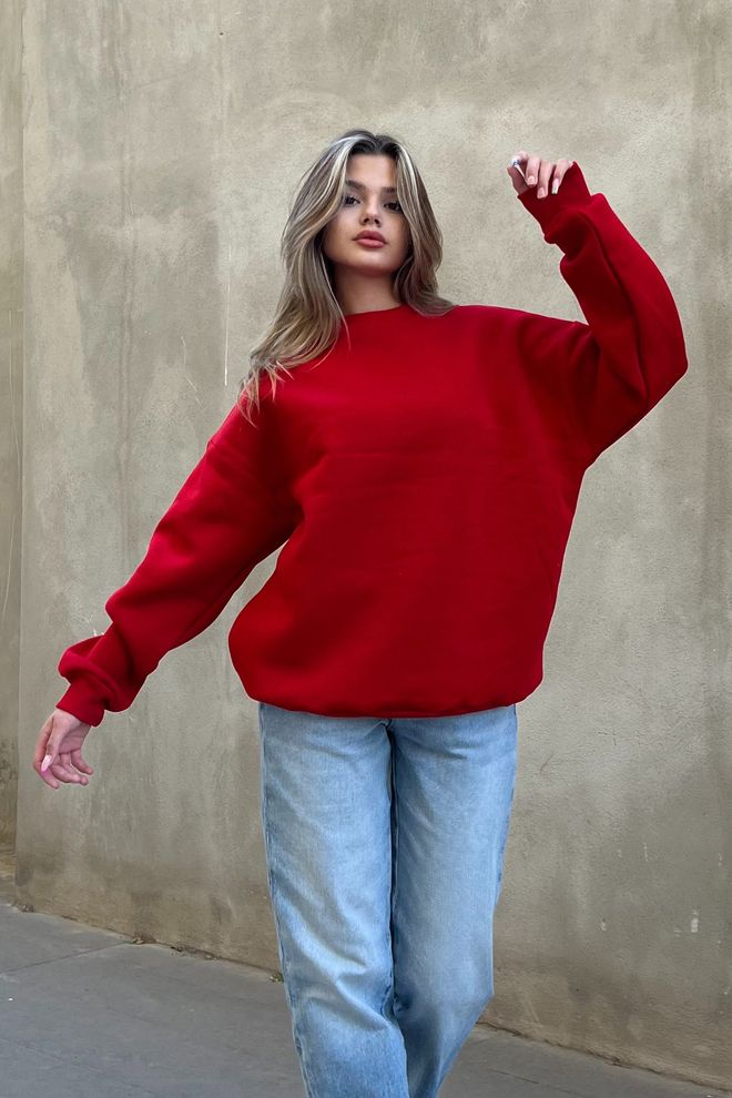 la & vetta Bluza Basic Z Okrągłym Dekoltem Oversize Czerwona Hurtowa sprzedaż odzieży Bez tkaniny