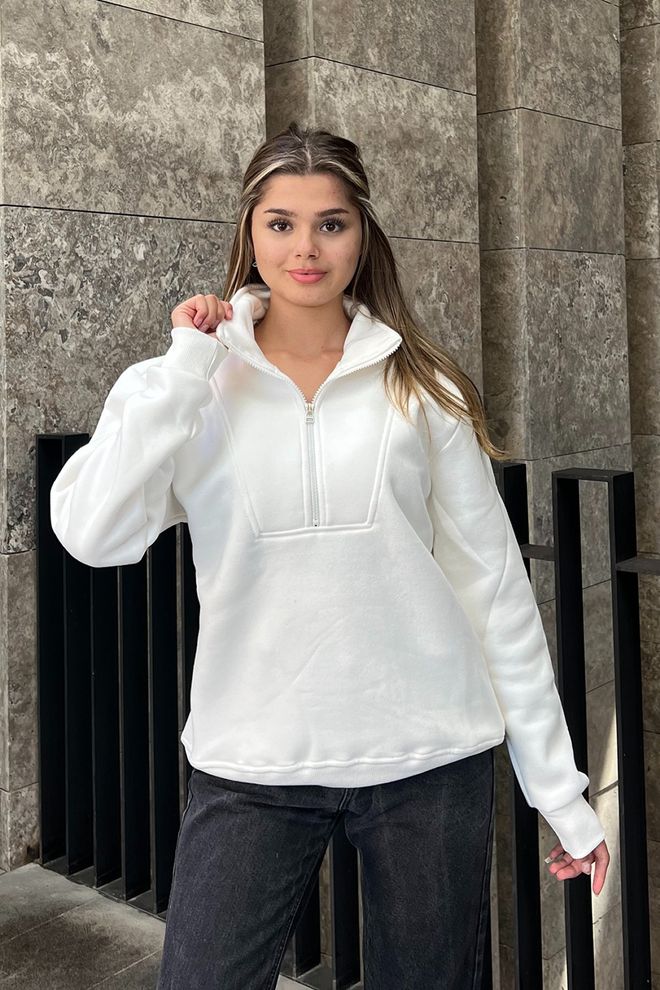 la & vetta Oversize Sweatshirt Mit Reißverschluss Und Detailliertem Reißverschluss – Weiß Großhandelskleidung Lässig