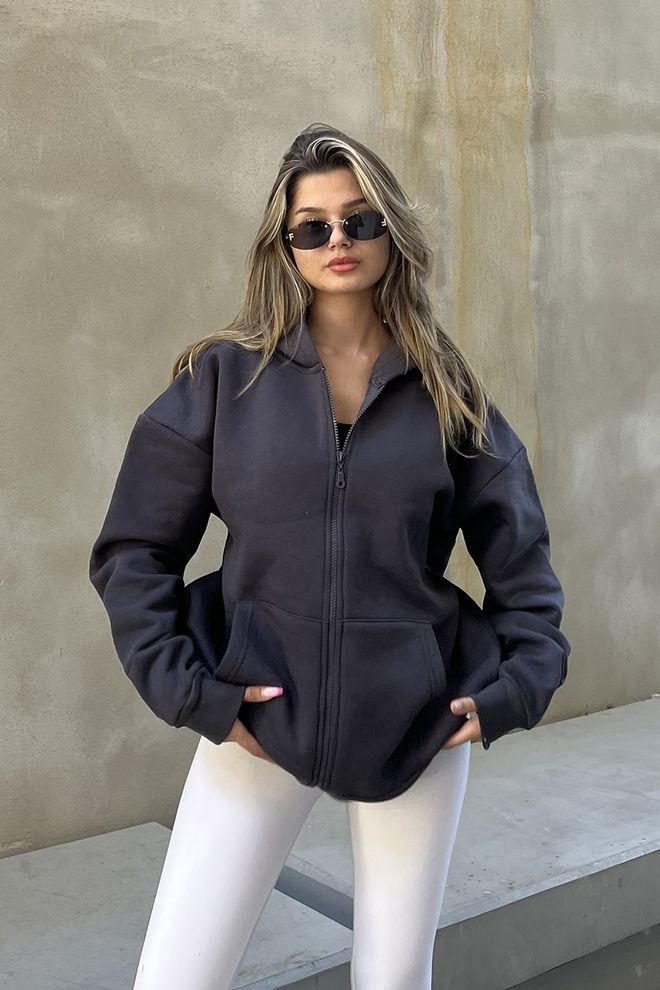 la & vetta Oversize Sweatshirt Mit Rüschen Und Reißverschluss – Anthrazit Großhandelskleidung Lässig