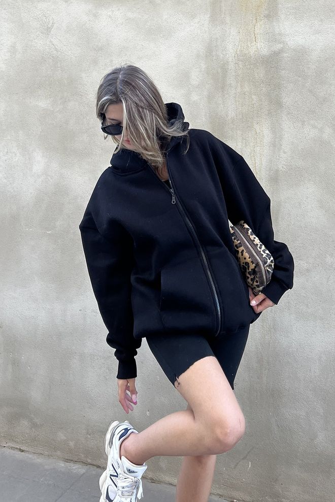 la & vetta Oversize Sweatshirt Mit Rüschen Und Reißverschluss – Schwarz Großhandelskleidung Lässig
