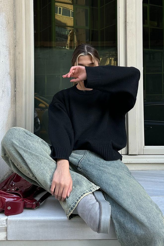 la & vetta Oversize Strickpullover Mit Rundhalsausschnitt – Schwarz Großhandelskleidung Lässig