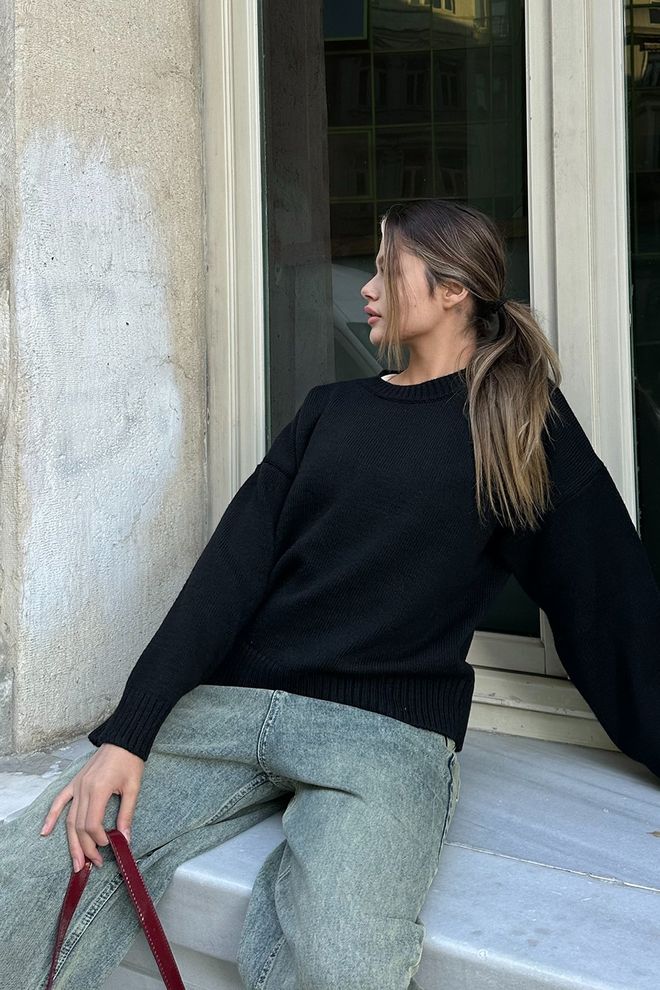 la & vetta Pulover Oversize Tricot Cu Gât Negru Îmbrăcăminte cu ridicata Iarnă