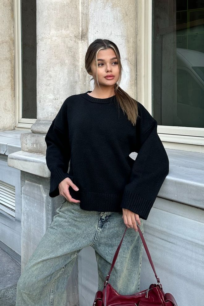 la & vetta Pulover Oversize Tricot Cu Gât Negru Îmbrăcăminte cu ridicata 4