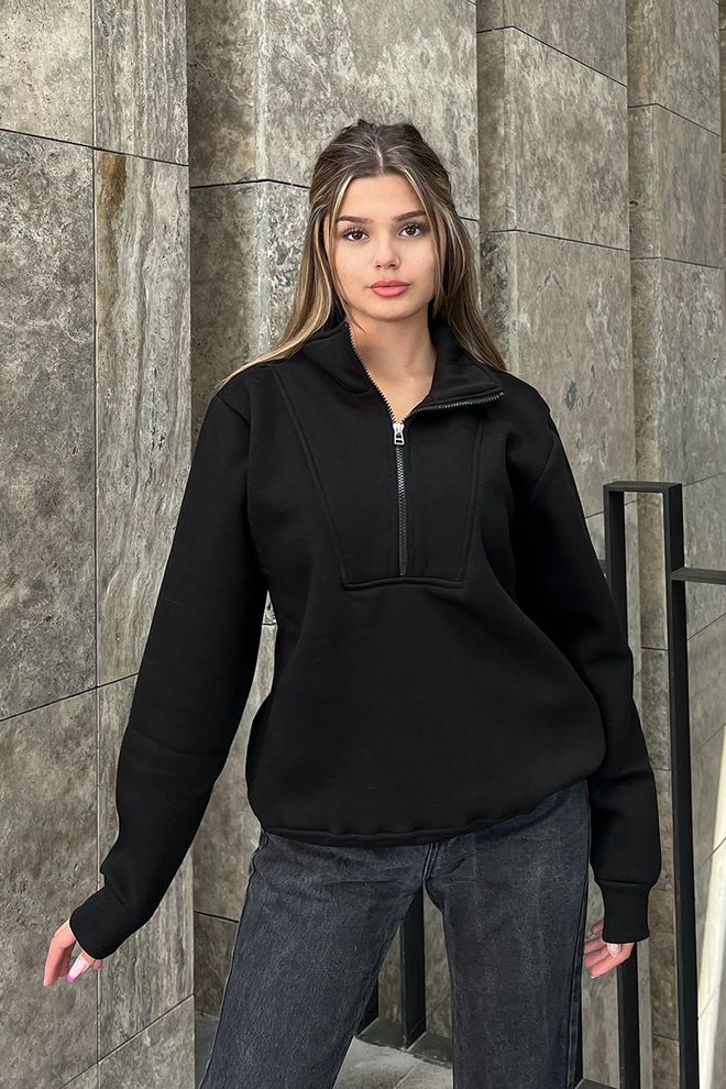 la & vetta Oversize Sweatshirt Mit Reißverschluss Und Detailliertem Reißverschluss – Schwarz Großhandelskleidung Lässig